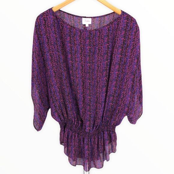 Parker Silk Printed Purple Pink Blouson Smocked Waist Blouse Top - Picture 1 of 12